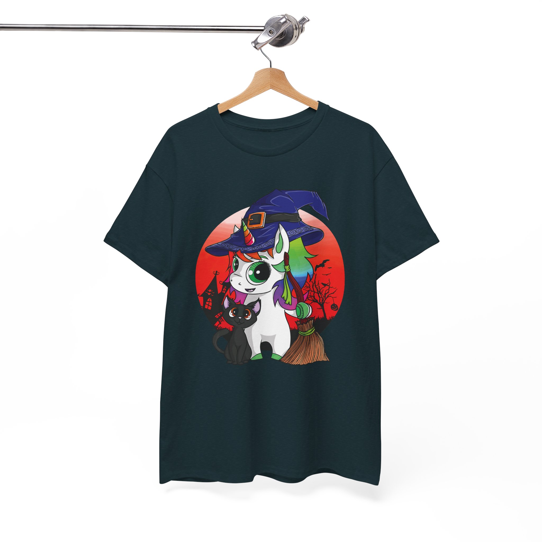 Witchy Unicorn Tee - Cute Halloween Cat & Broom Graphic T-Shirt