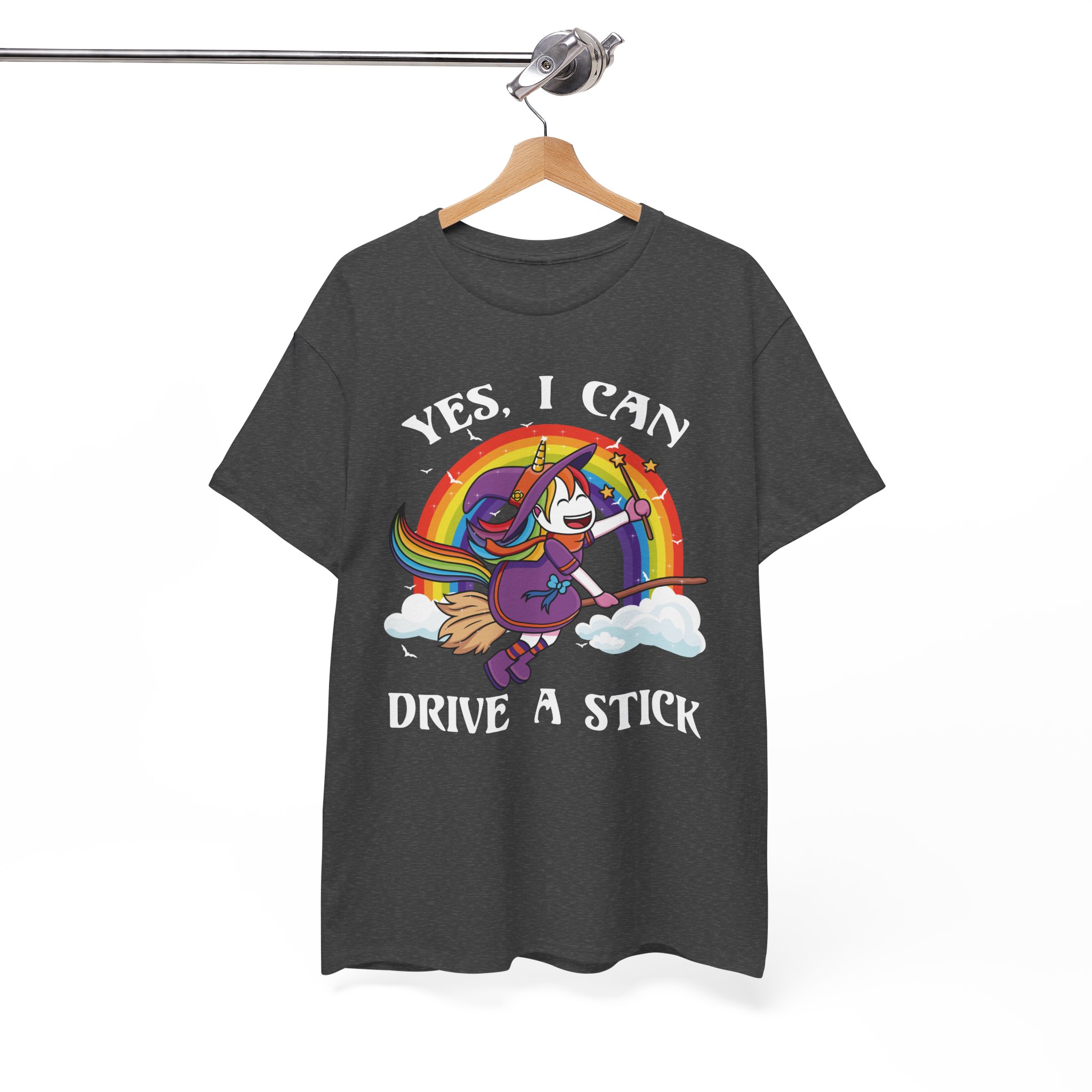 Cute Rainbow Unicorn Witch “Yes, I Can Drive a Stick” Funny Halloween Tee - Image 7