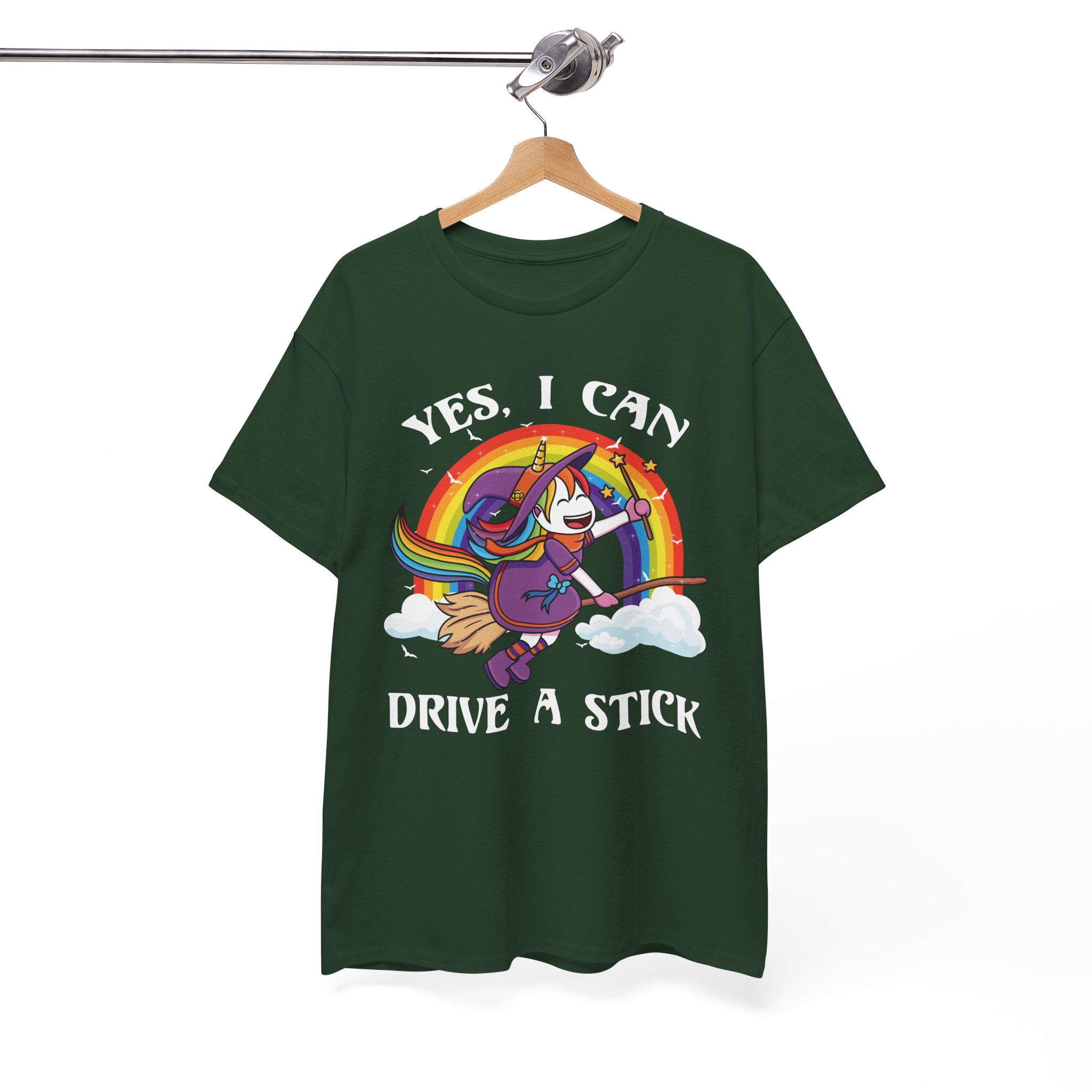 Cute Rainbow Unicorn Witch “Yes, I Can Drive a Stick” Funny Halloween Tee - Image 5