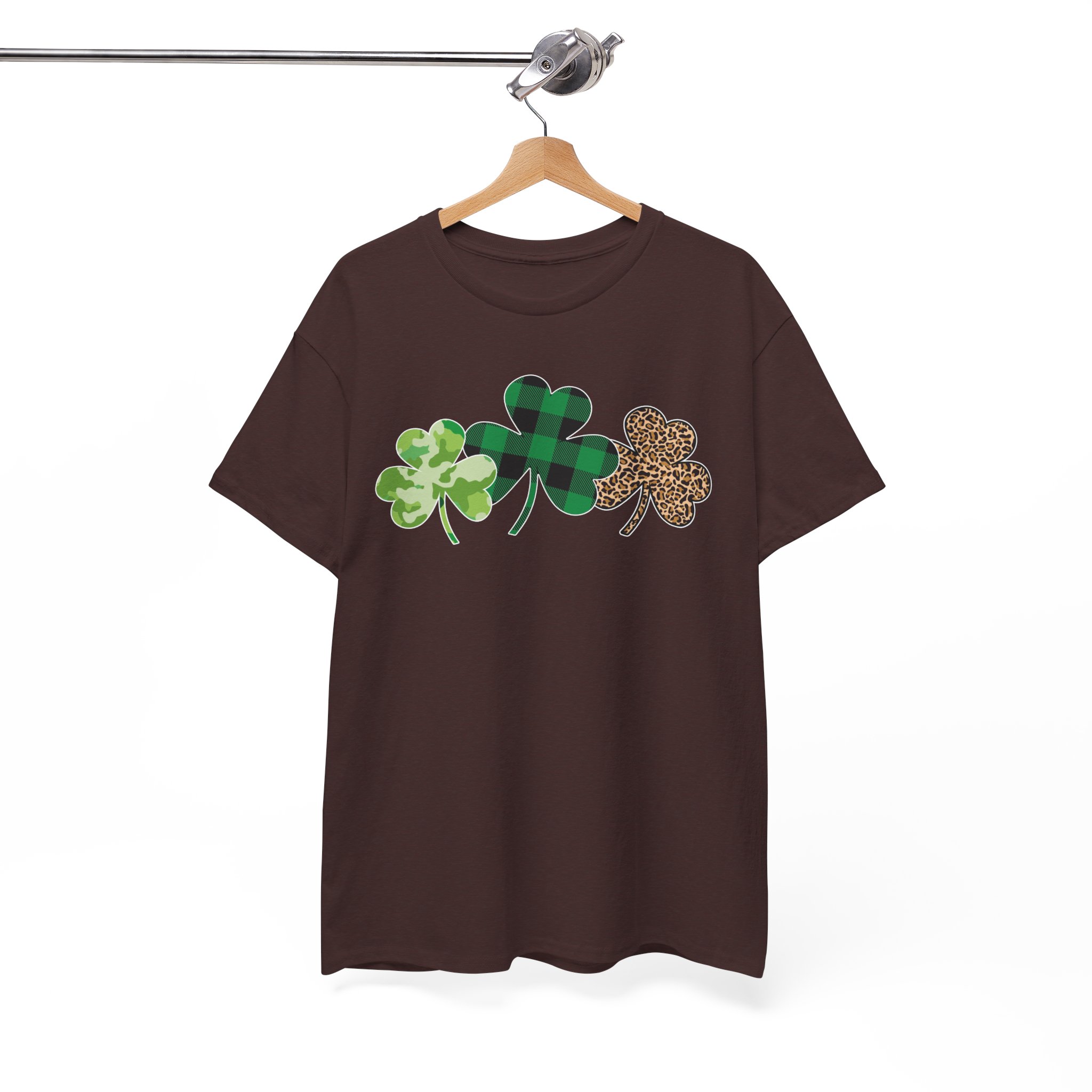 St. Patrick's Day Shamrock Trio Tee - Green Plaid & Glitter Clover T-Shirt - Image 4