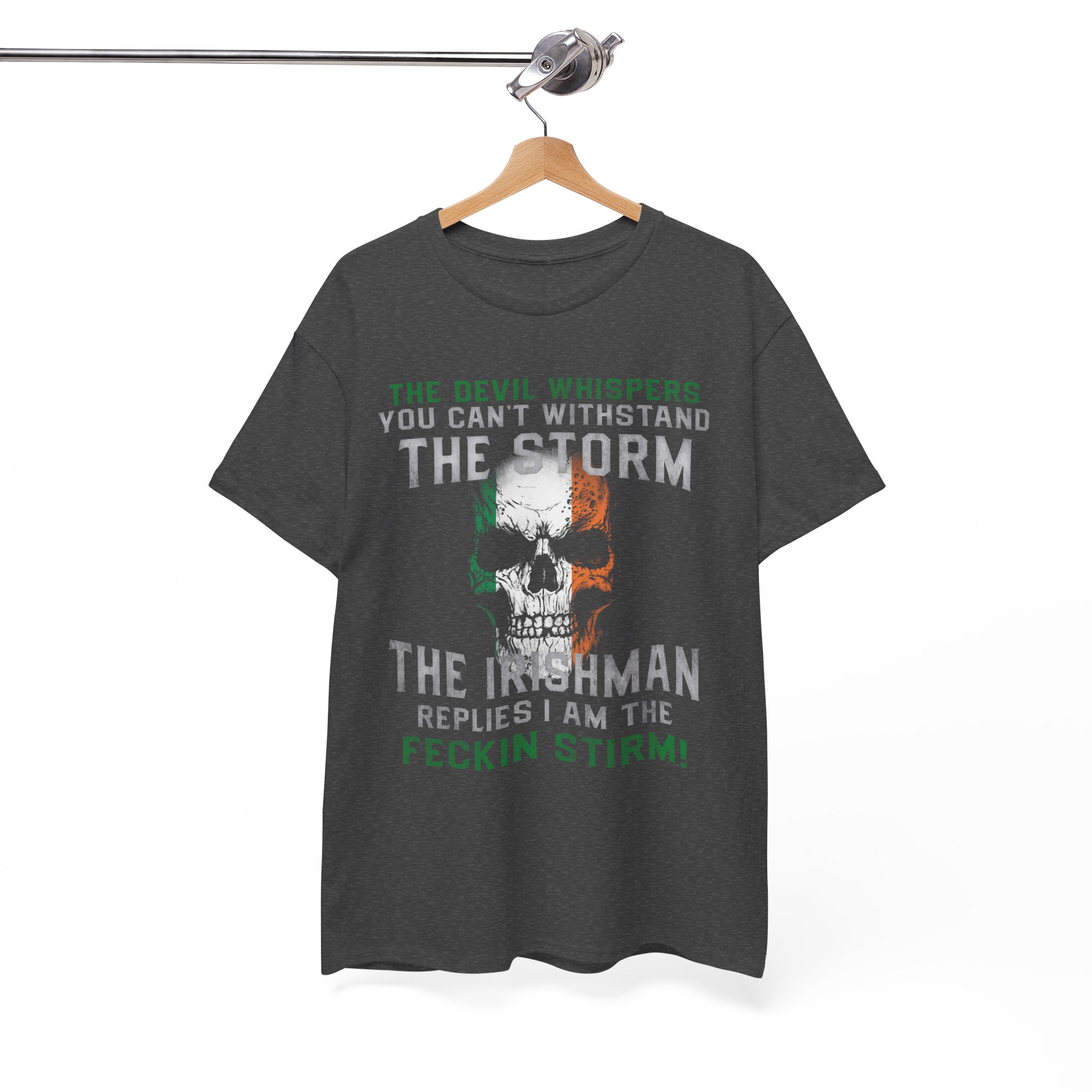 Irish Skull Tee - “The Inishman Replies I Am The Feckin’ Storm” Graphic T-Shirt - Image 4
