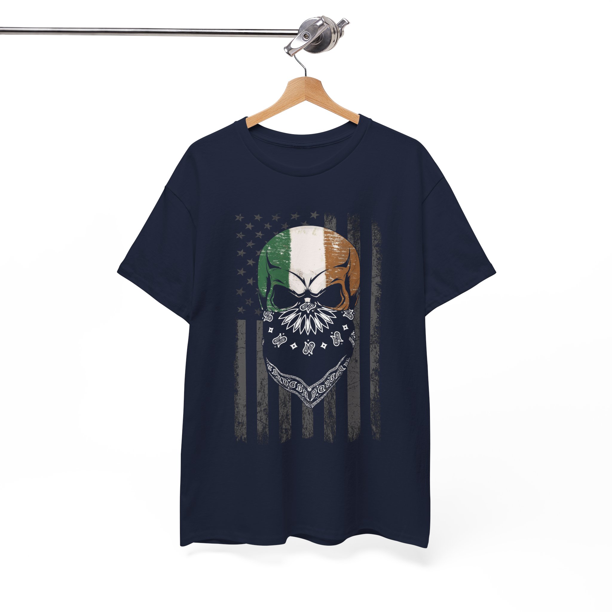 Irish Flag Skull Tee - Bandana Skull with Irish Tricolor and Distressed American Flag - Image 4