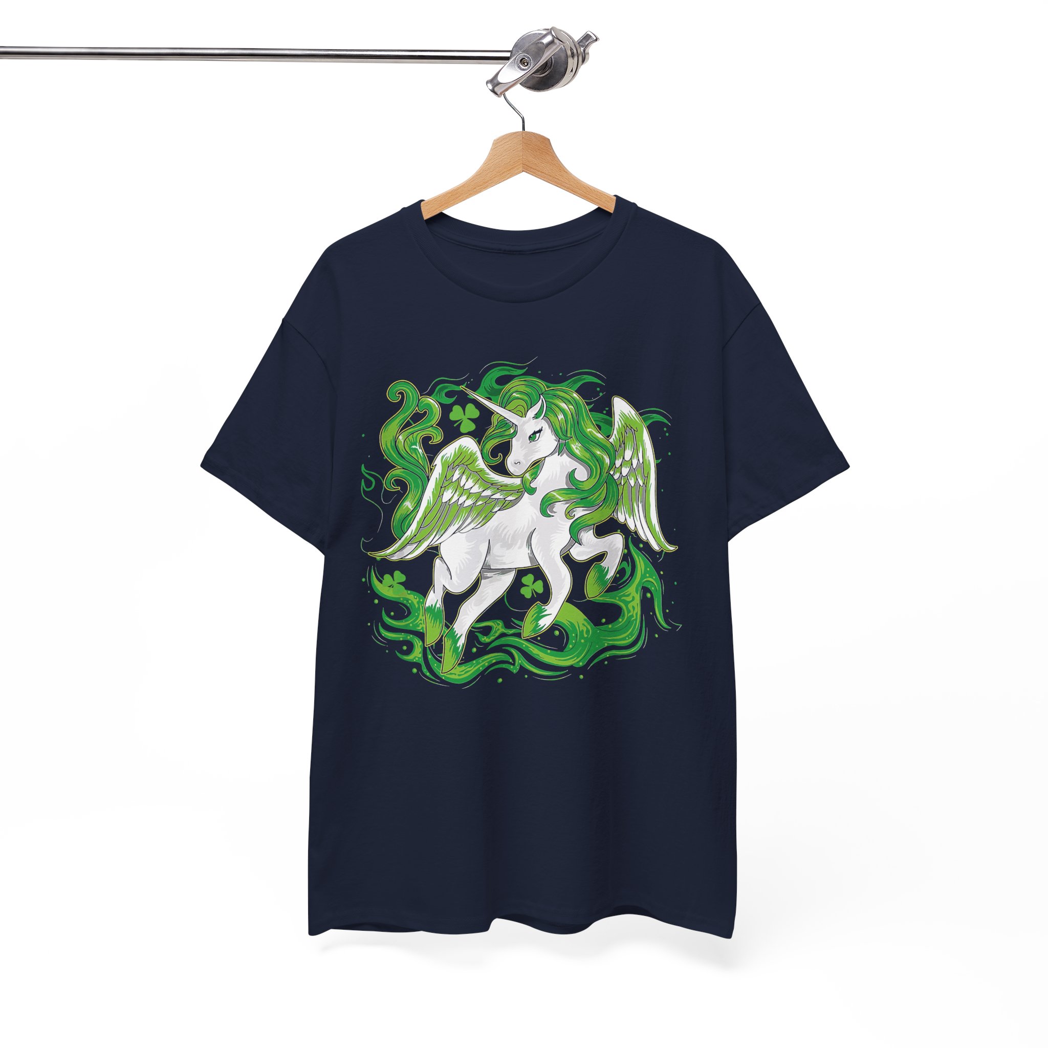 Pegasus Fantasy T-Shirt - White Winged Unicorn with Green Smoke Graphic - Image 7