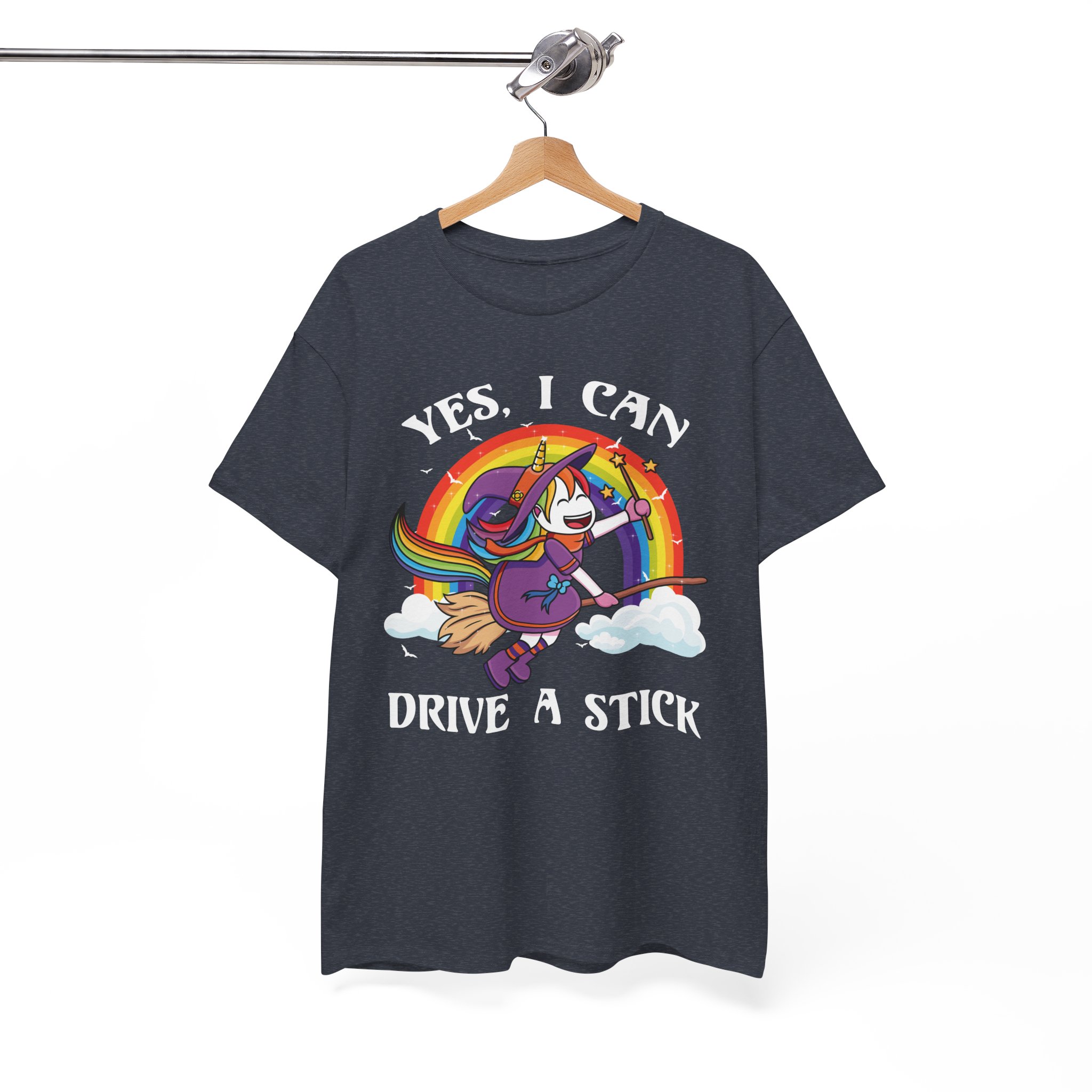 Cute Rainbow Unicorn Witch “Yes, I Can Drive a Stick” Funny Halloween Tee - Image 11