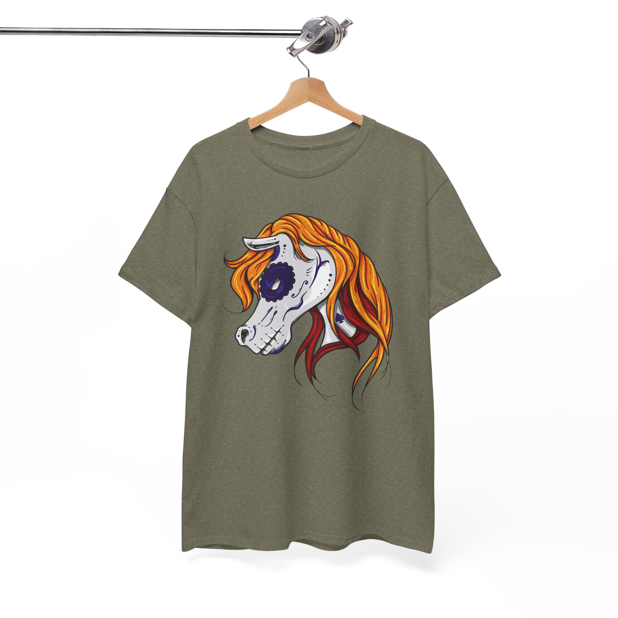 Horse Skull Art Tee - Orange Mane Skeleton Head Graphic T-Shirt - Image 4