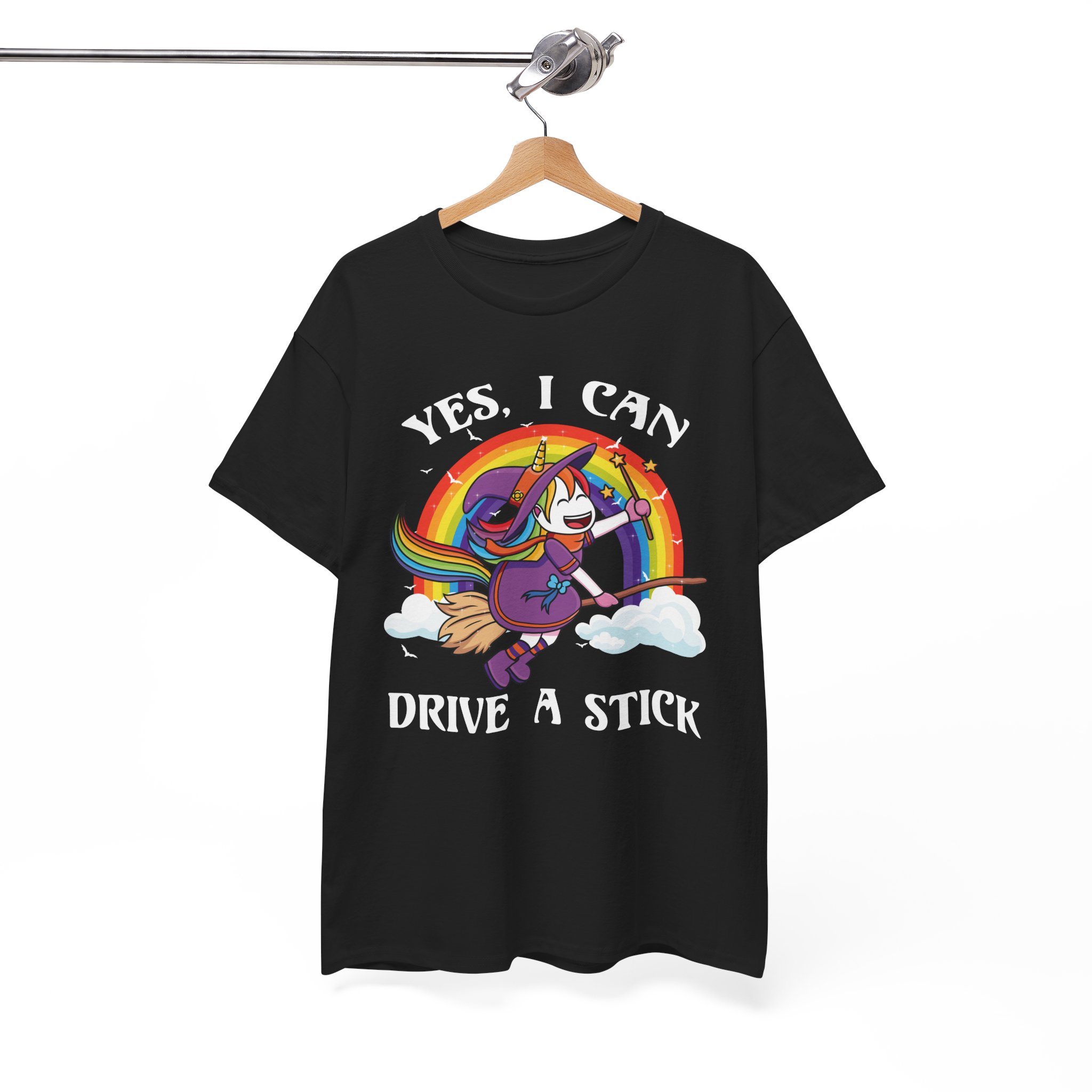 Cute Rainbow Unicorn Witch “Yes, I Can Drive a Stick” Funny Halloween Tee - Image 3