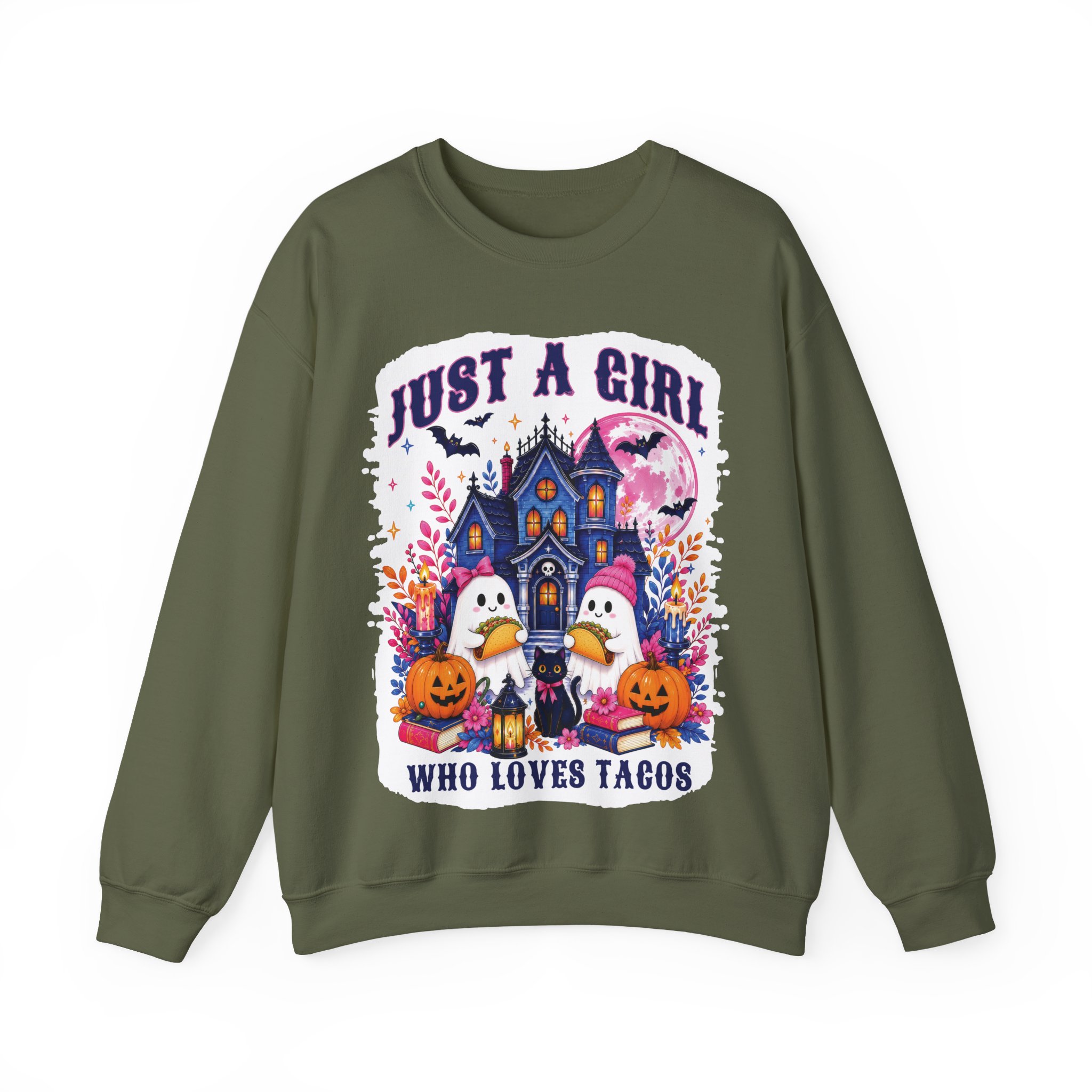 Just A Girl Who Loves Tacos Halloween Sweatshirt - Cute Ghost Taco Halloween Costume Sweatshirt - Image 5