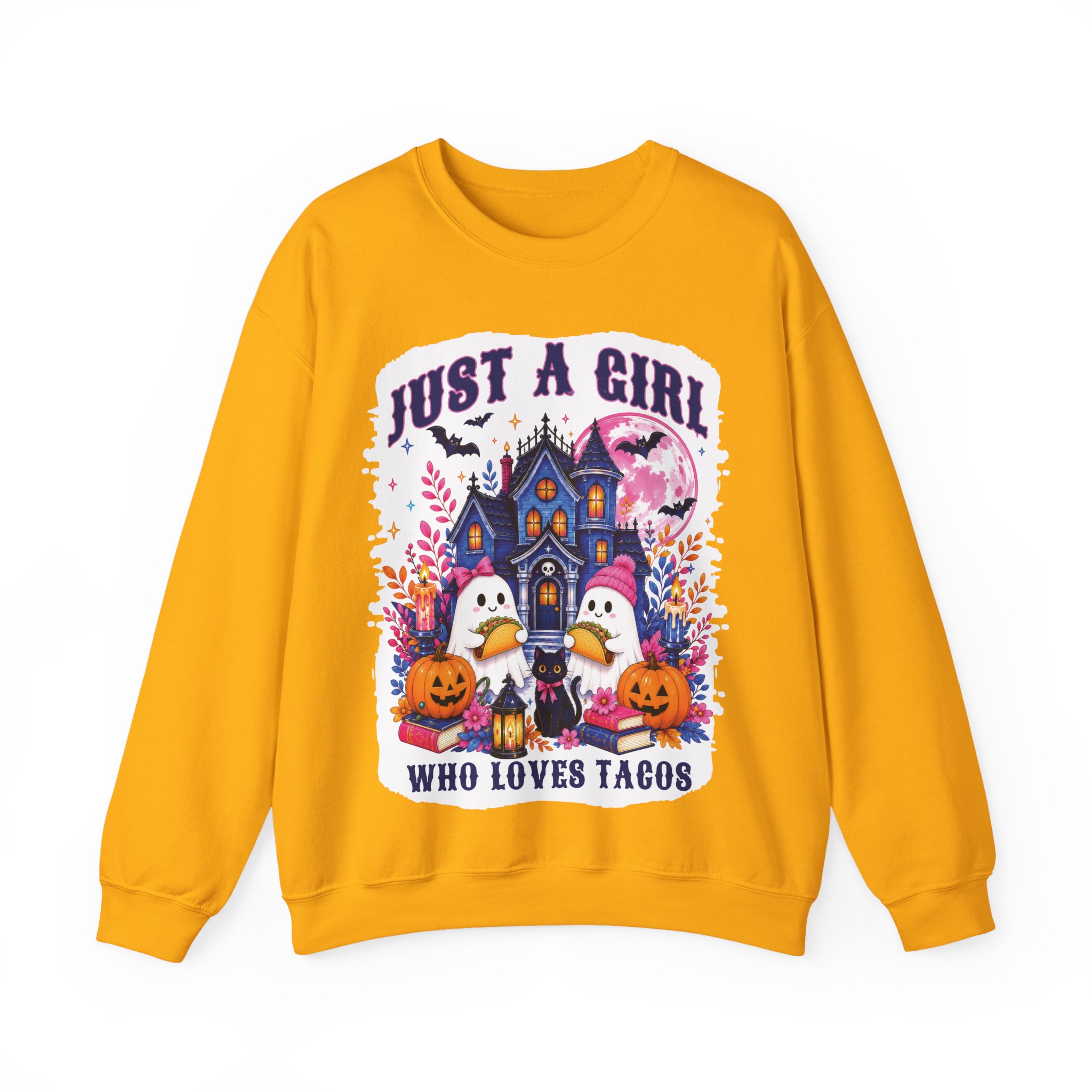 Just A Girl Who Loves Tacos Halloween Sweatshirt - Cute Ghost Taco Halloween Costume Sweatshirt - Image 3