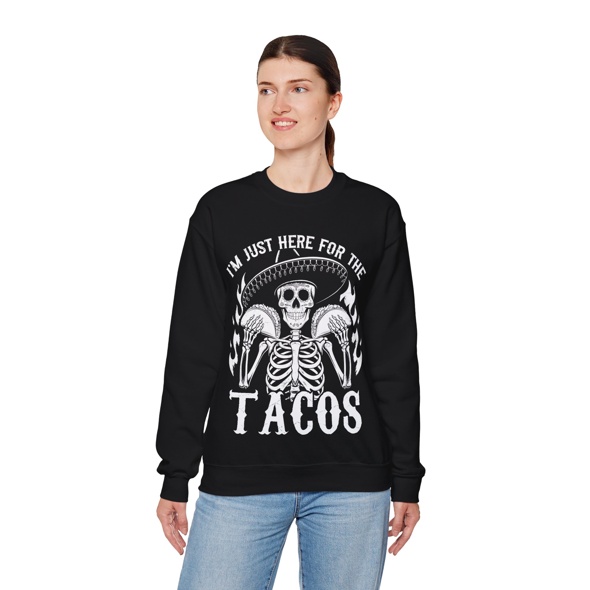 Funny Halloween Taco Shirt – I’m Just Here for the Tacos Skeleton Costume Sweatshirt - Image 2