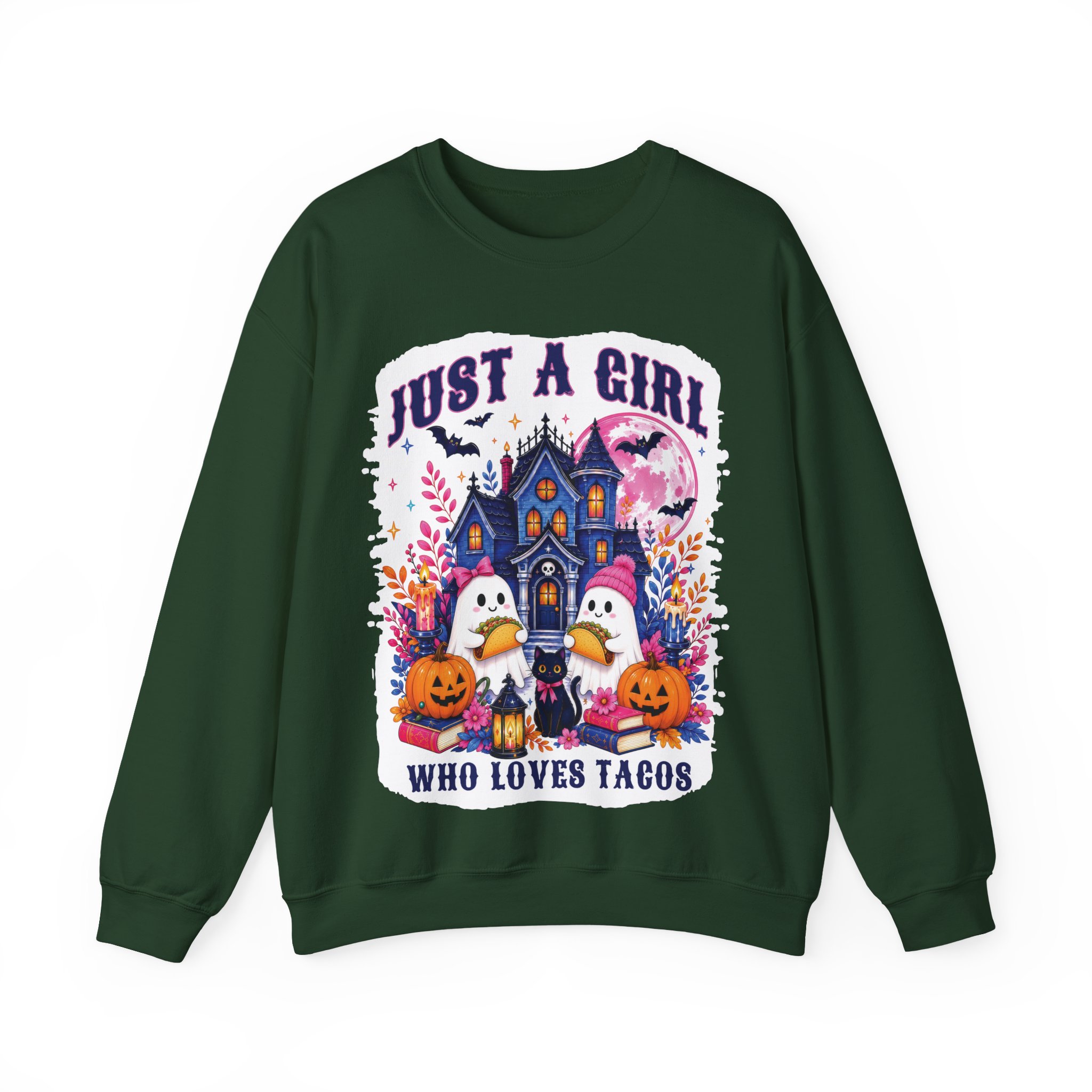 Just A Girl Who Loves Tacos Halloween Sweatshirt - Cute Ghost Taco Halloween Costume Sweatshirt - Image 6