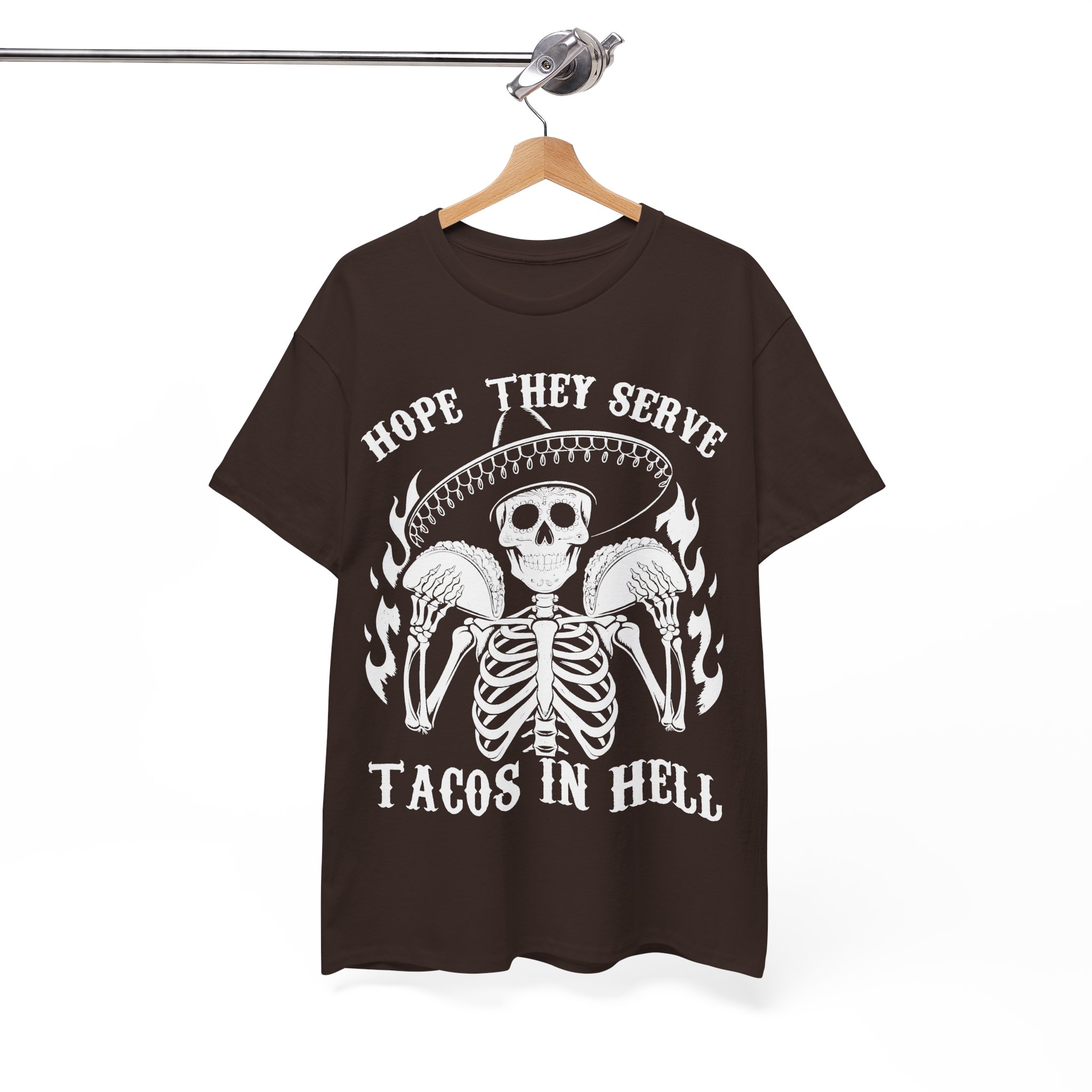 Hope They Serve Tacos In Hell Tee – Gothic Skeleton Sombrero T-Shirt - Image 3