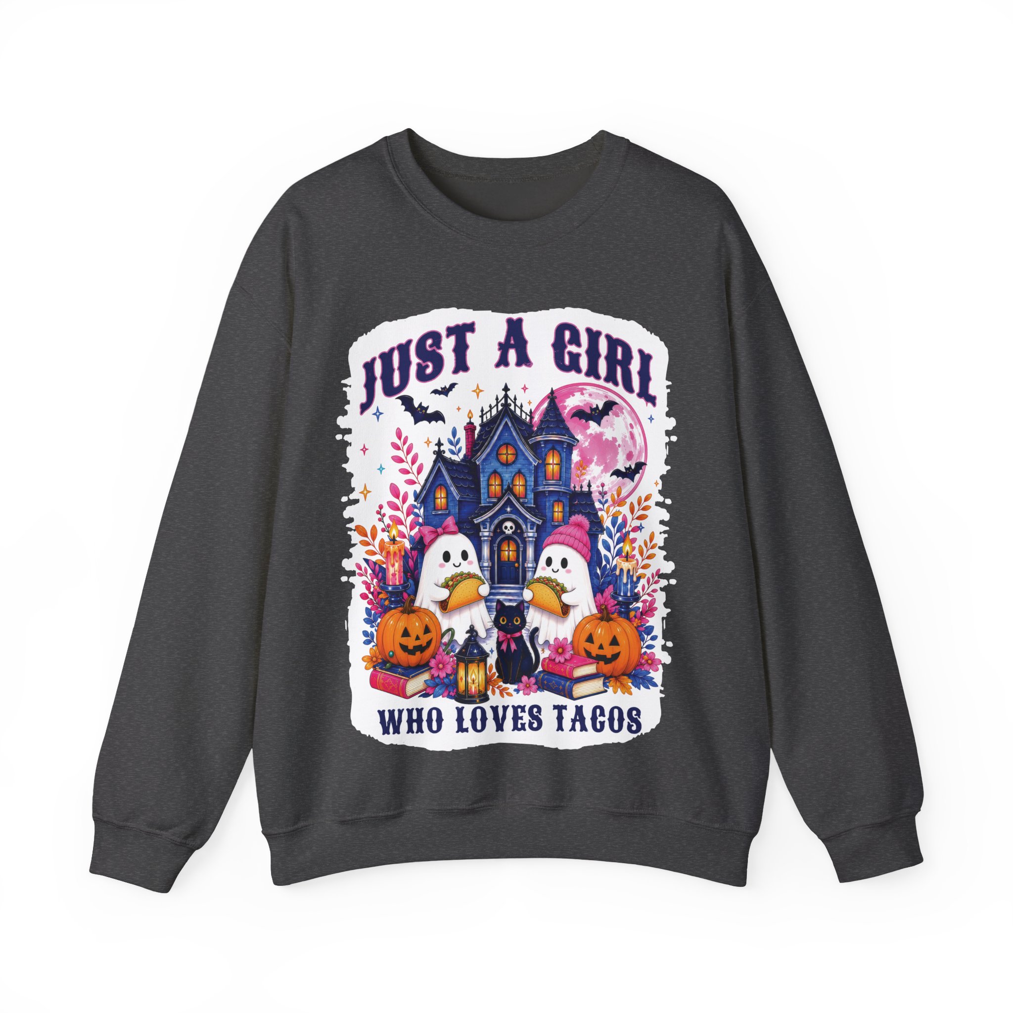 Just A Girl Who Loves Tacos Halloween Sweatshirt - Cute Ghost Taco Halloween Costume Sweatshirt - Image 7