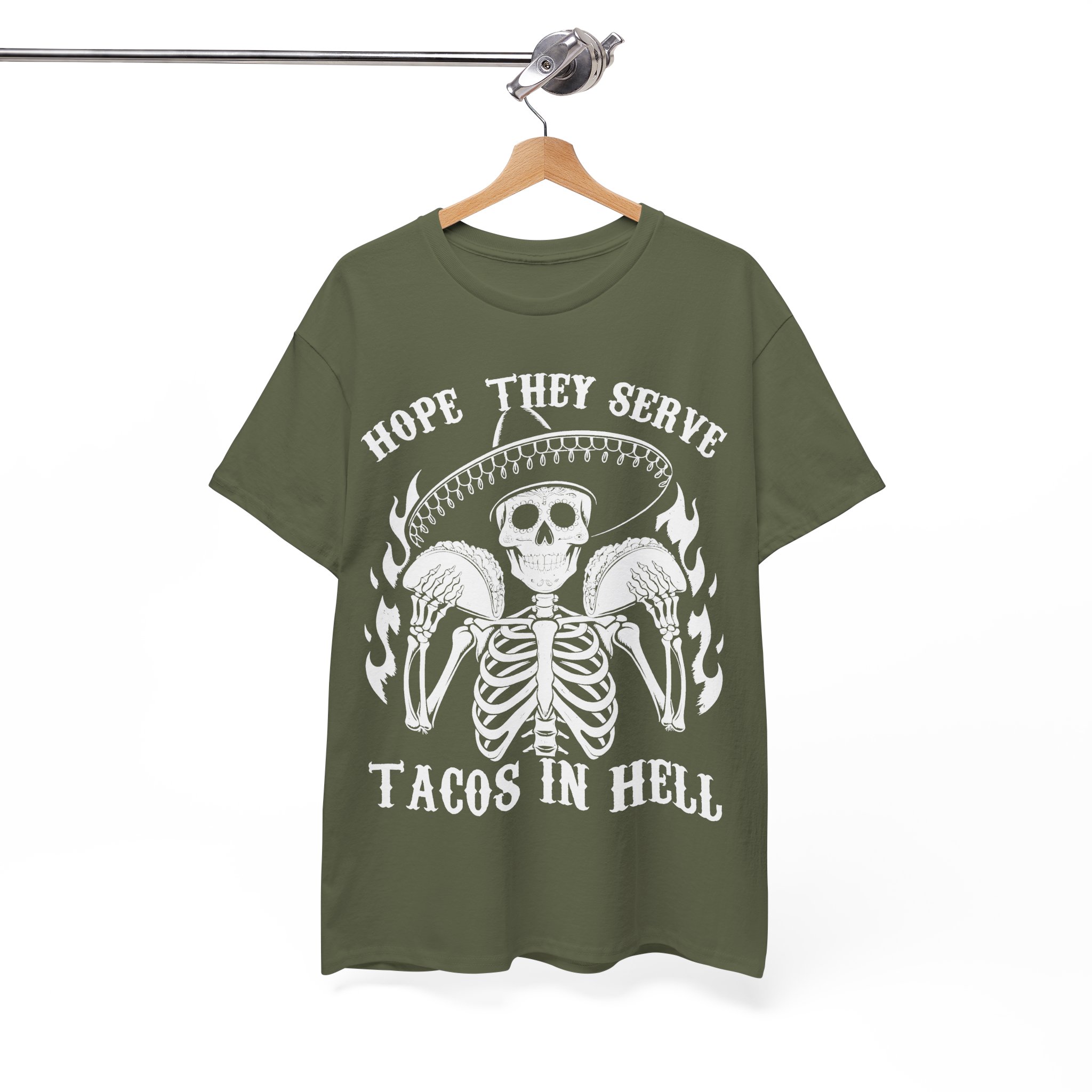 Hope They Serve Tacos In Hell Tee – Gothic Skeleton Sombrero T-Shirt - Image 4