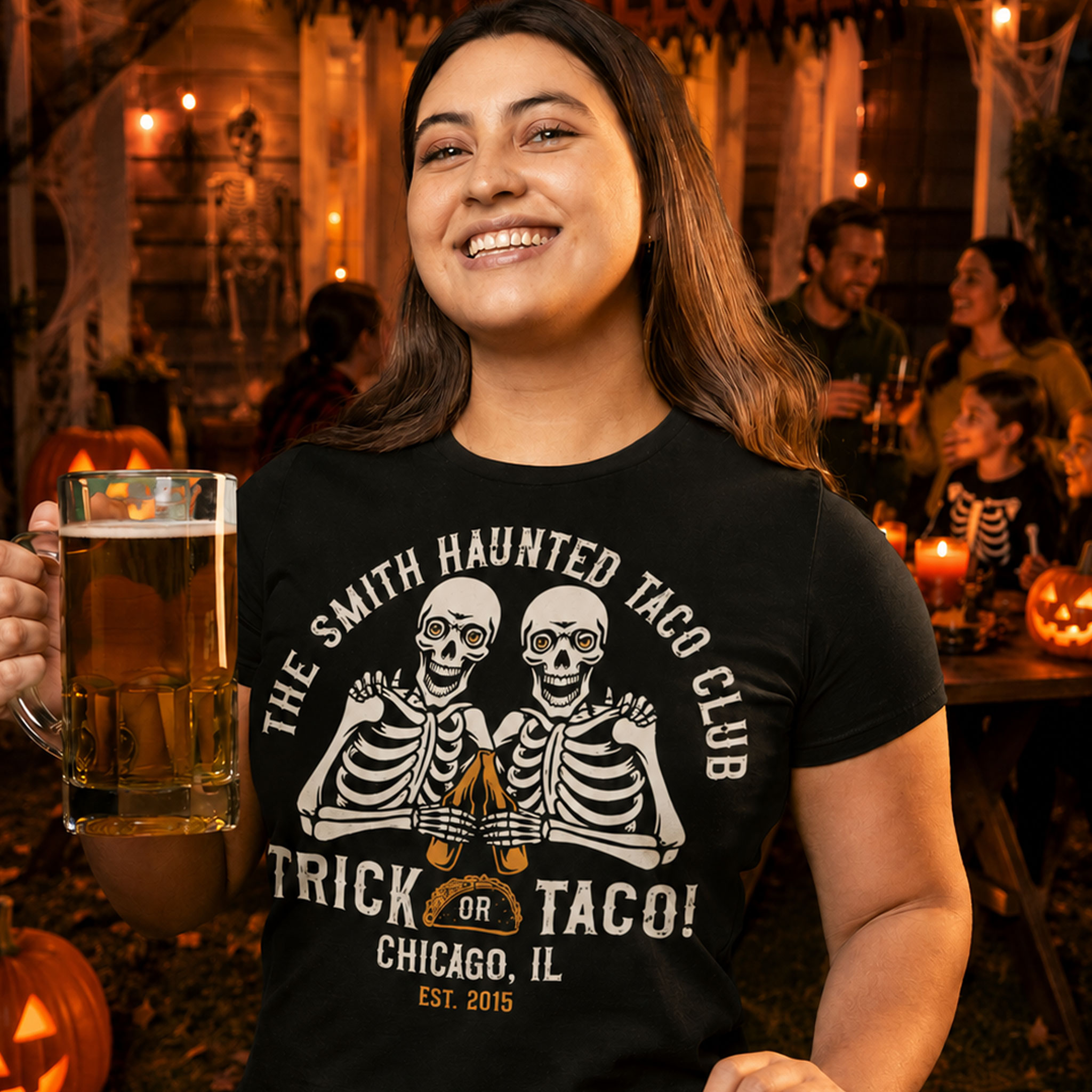 Personalized Halloween Taco & Beer Shirt - Trick or Taco Skeleton Tee, Custom Name, Location & Year