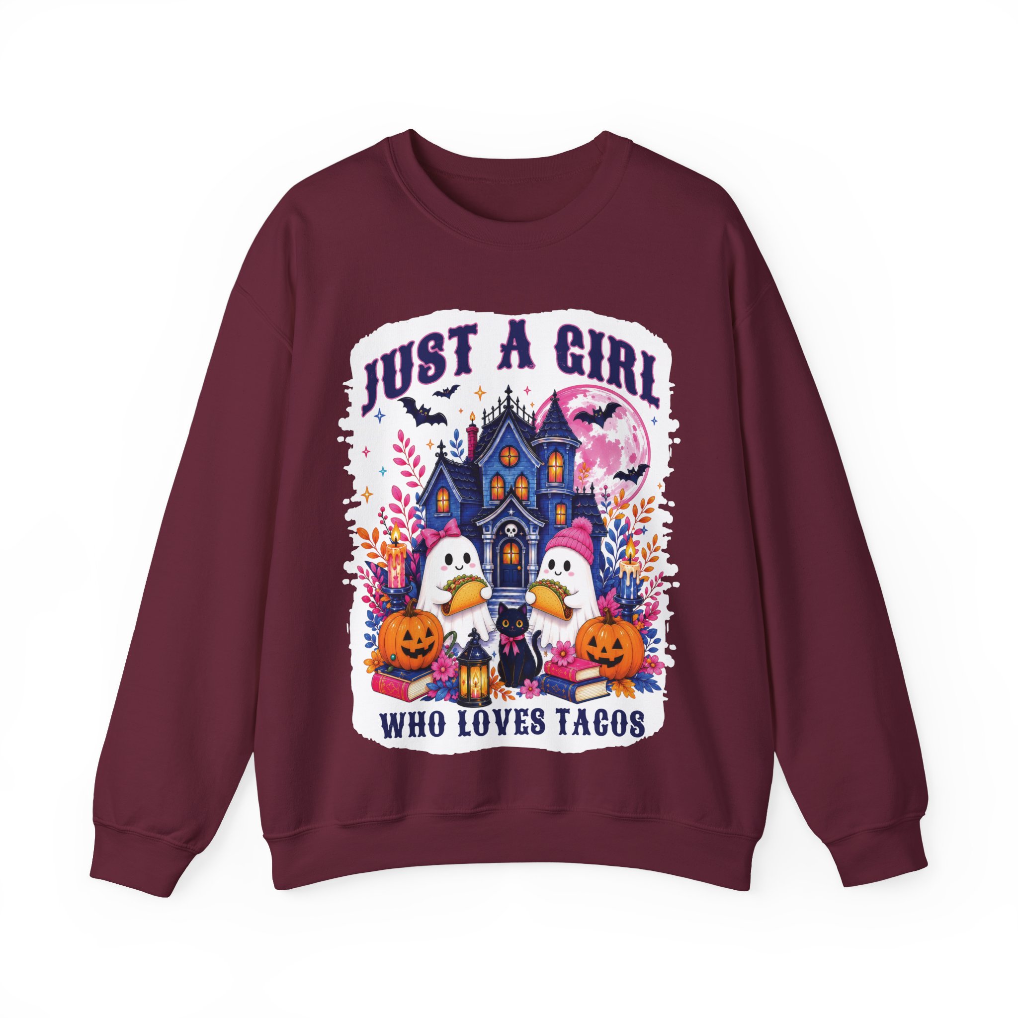 Just A Girl Who Loves Tacos Halloween Sweatshirt - Cute Ghost Taco Halloween Costume Sweatshirt - Image 4