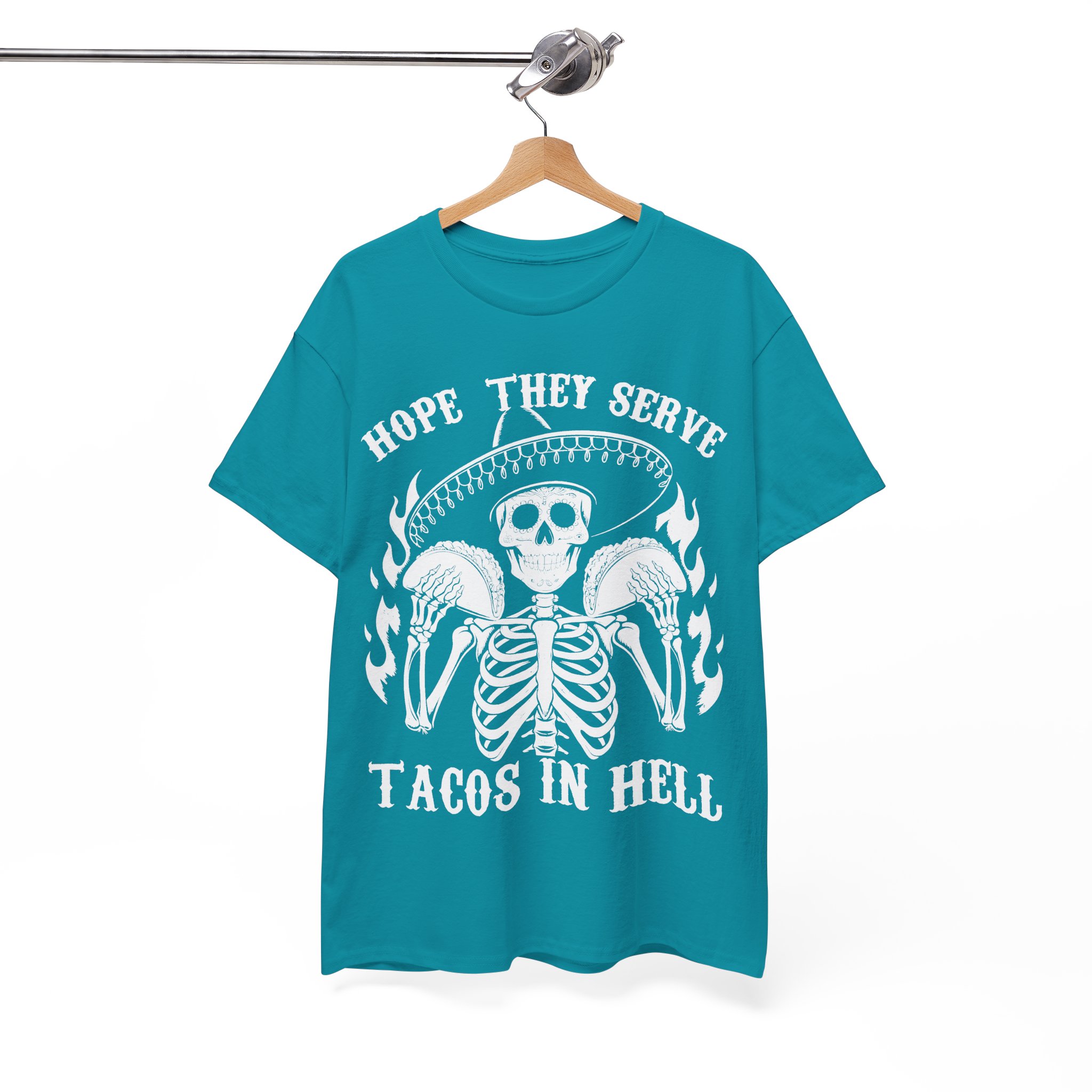 Hope They Serve Tacos In Hell Tee – Gothic Skeleton Sombrero T-Shirt - Image 7