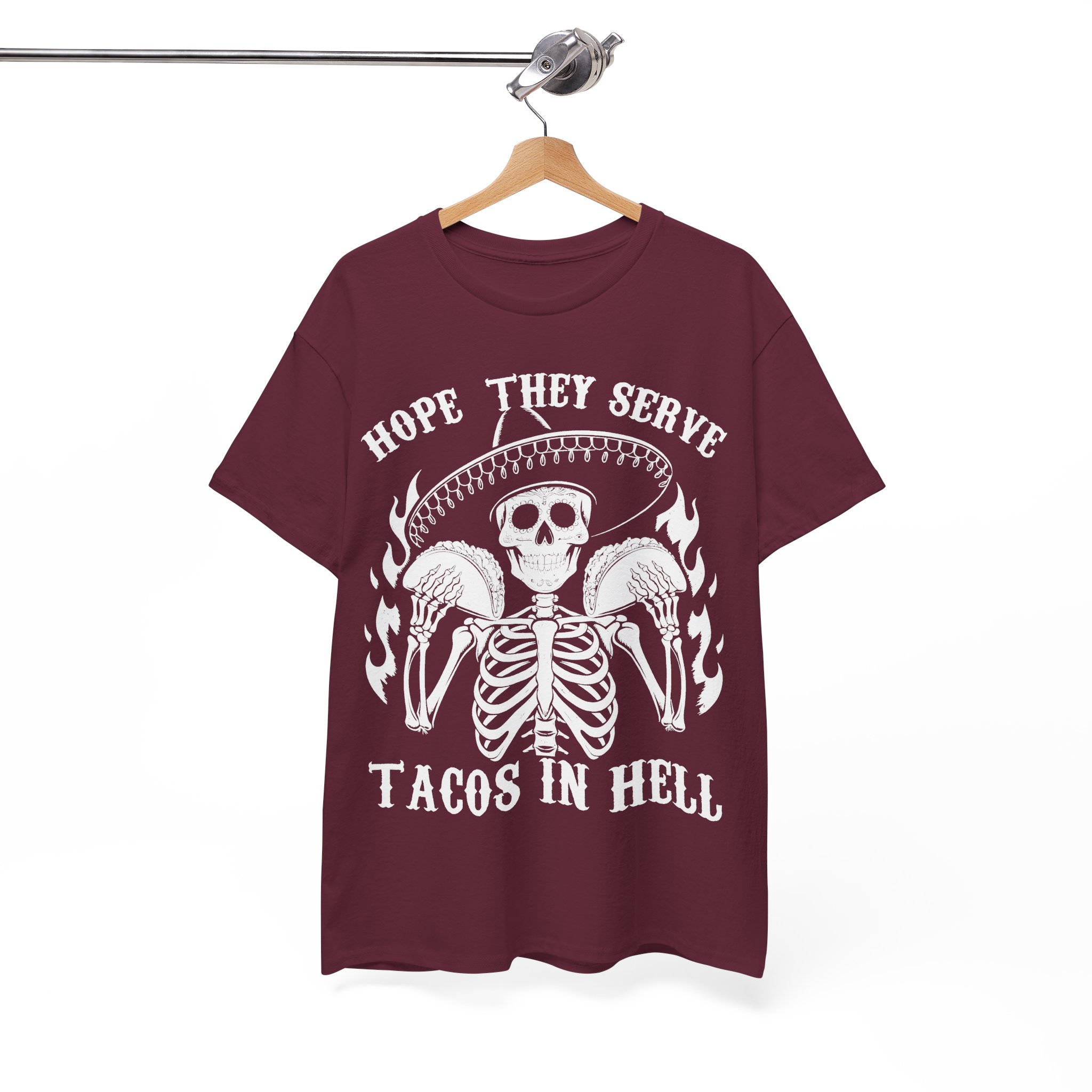 Hope They Serve Tacos In Hell Tee – Gothic Skeleton Sombrero T-Shirt - Image 2