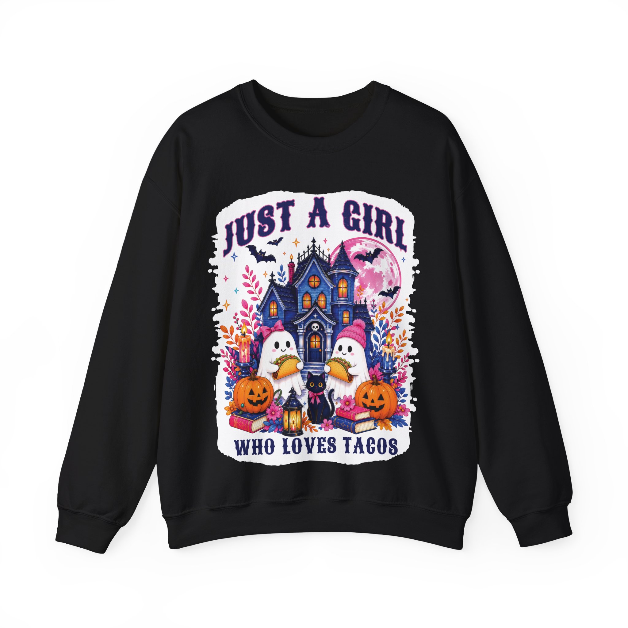 Just A Girl Who Loves Tacos Halloween Sweatshirt - Cute Ghost Taco Halloween Costume Sweatshirt - Image 2