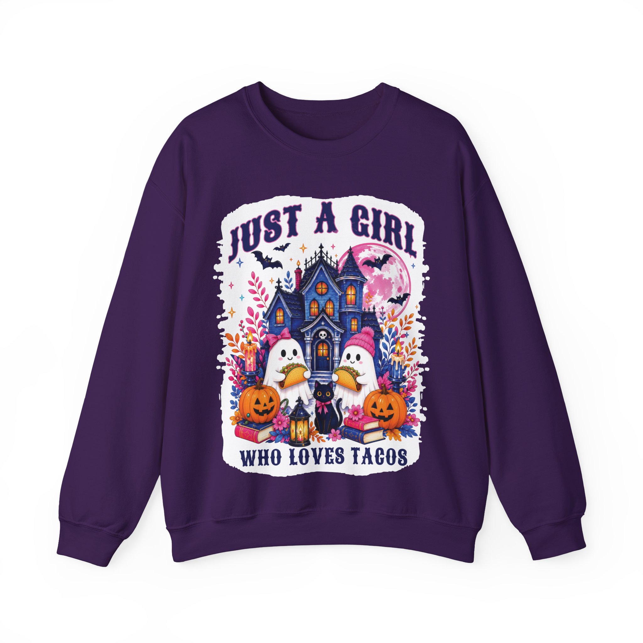 Just A Girl Who Loves Tacos Halloween Sweatshirt - Cute Ghost Taco Halloween Costume Sweatshirt - Image 10