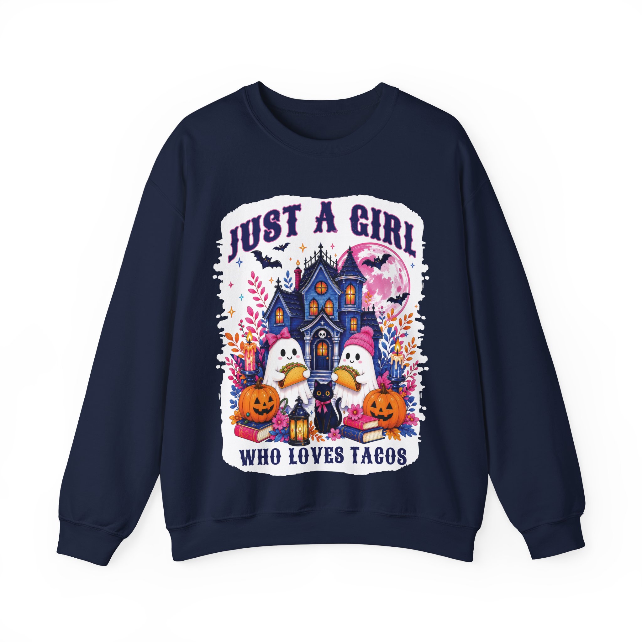 Just A Girl Who Loves Tacos Halloween Sweatshirt - Cute Ghost Taco Halloween Costume Sweatshirt - Image 9