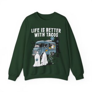 Halloween Life Is Better with TACOS Sweatshirt – Taco Lover Sweatshirt – Halloween Humor Sweatshirt – Ghost Zombies Taco Sweatshirt