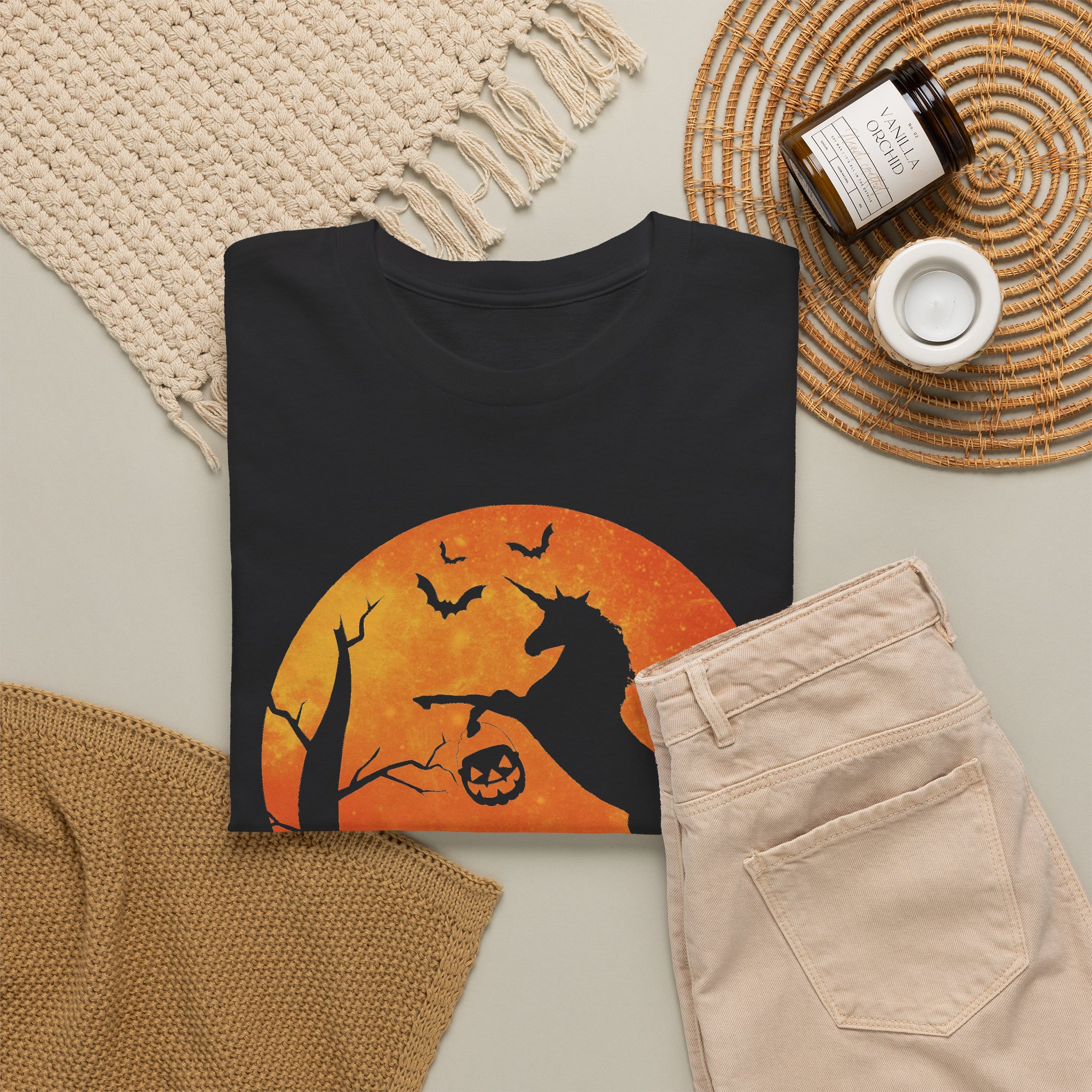 Halloween Unicorn Tee - Spooky Pumpkin Moon Silhouette Shirt - Image 2