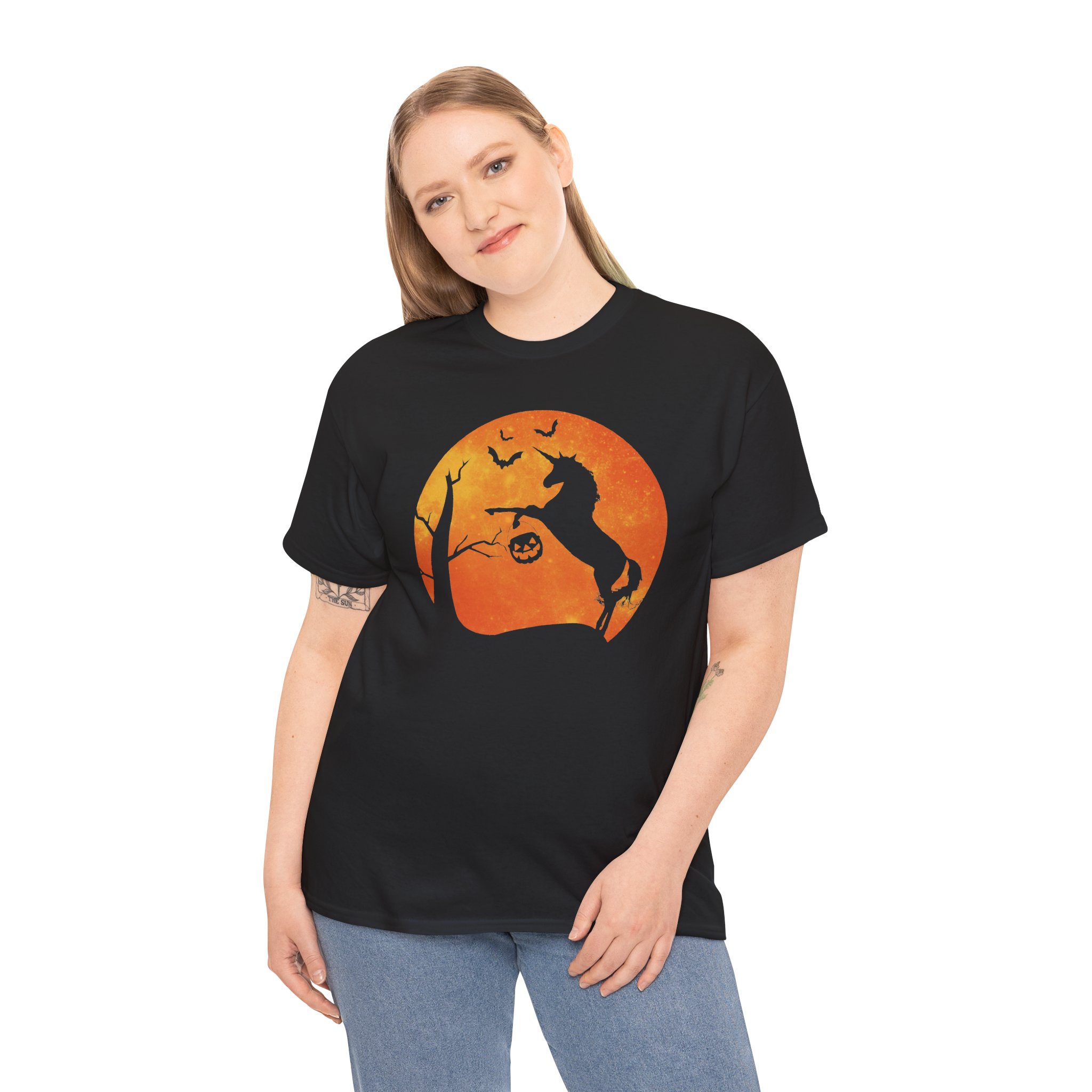 Halloween Unicorn Tee - Spooky Pumpkin Moon Silhouette Shirt - Image 3