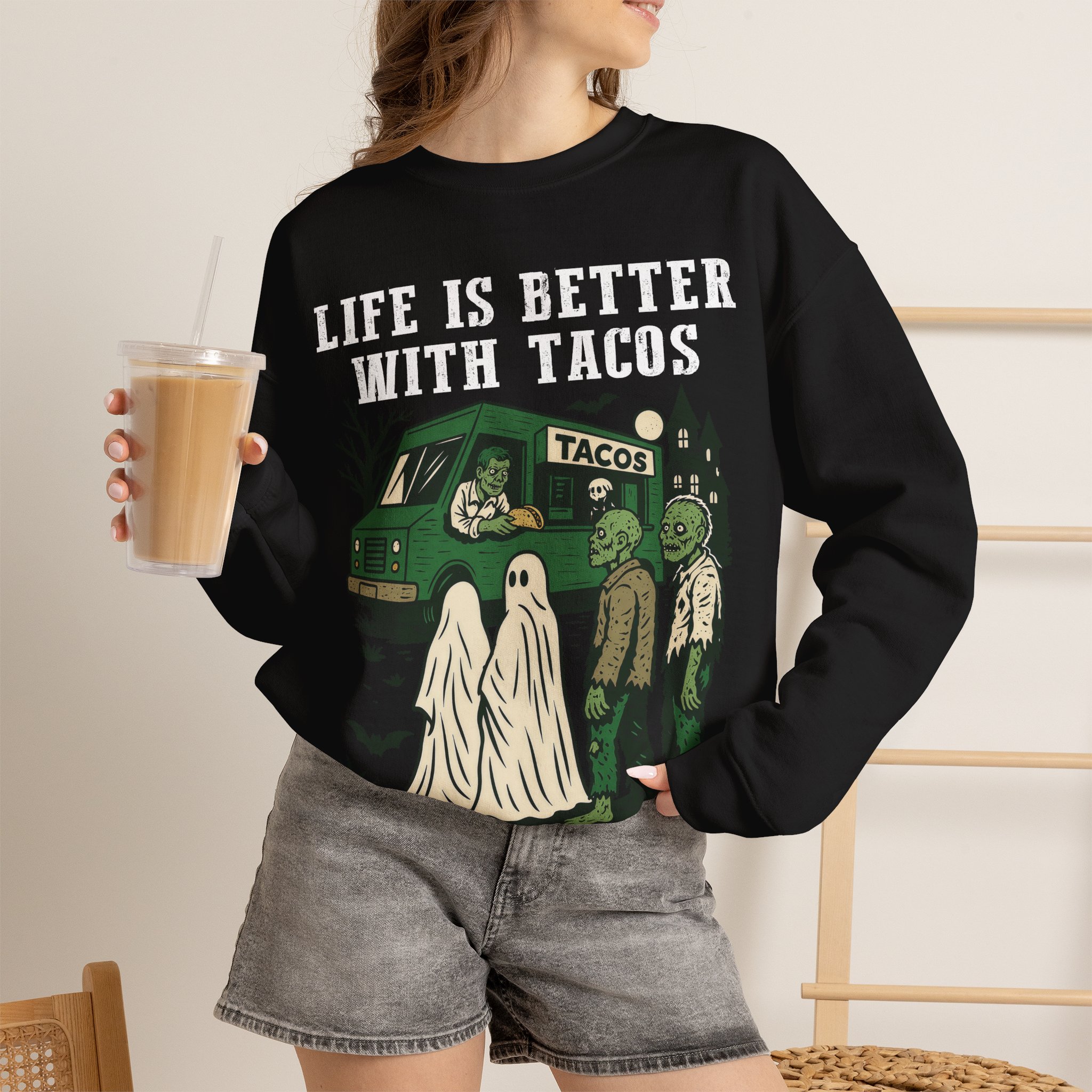 Halloween Taco Sweatshirt – Ghost & Zombie Taco Sweatshirt, Life Is Better With Tacos, Funny Taco Lover Gift - Image 3